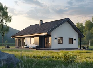 Modern White House with Black Roof and Green Grass