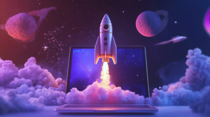Fototapeta premium photo of Launching Space Rocket From Laptop Screen.