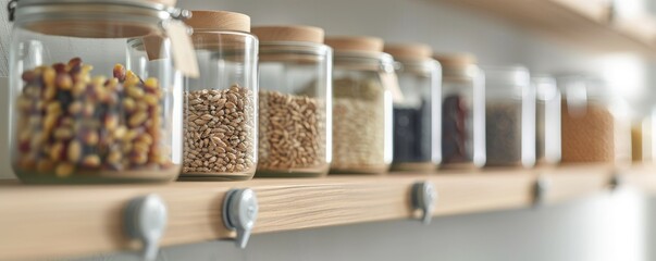 A collection of glass jars filled with various grains and seeds on a wooden shelf, perfect for kitchen organization.