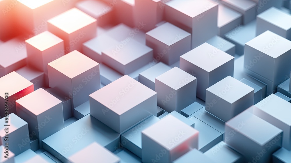 Poster Abstract 3D cubes and rectangles arranged in a grid pattern, with varying shades and shadows to create depth. Ideal for architectural or tech visuals.