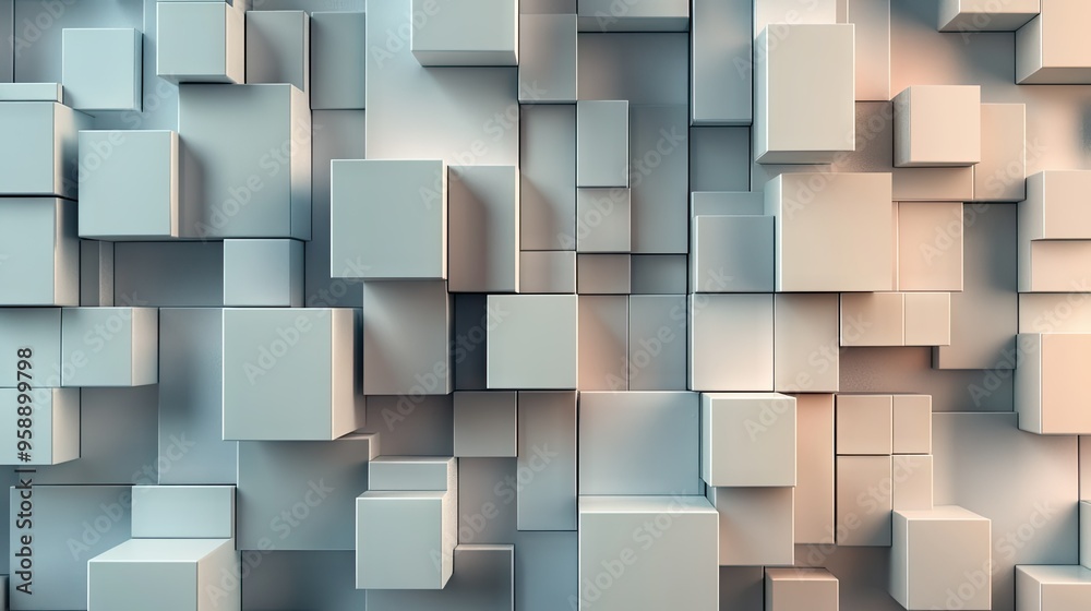Poster Abstract 3D cubes and rectangles arranged in a grid pattern, with varying shades and shadows to create depth. Ideal for architectural or tech visuals.
