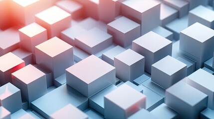Obraz premium Abstract 3D cubes and rectangles arranged in a grid pattern, with varying shades and shadows to create depth. Ideal for architectural or tech visuals.