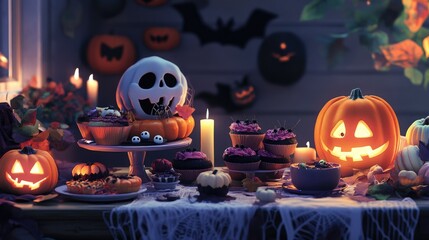 Halloween Feast Table with Spooky Decorations, Eyeball Soup, and Dark Shadows Under Candlelight