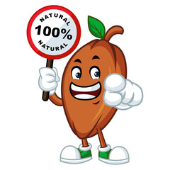 Smiling Cocoa Bean Mascot Holding 100% Natural Sign.