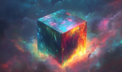 Glowing Cube Emerging From Cosmic Clouds