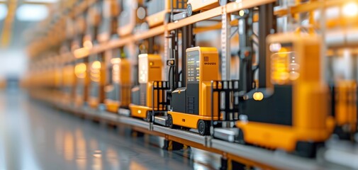 Fototapeta premium Industrial warehouse with efficient pallet trucks lined up, showcasing advanced technology for logistics and inventory management.