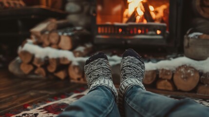 close-up legs with stockings in front of a fireplace