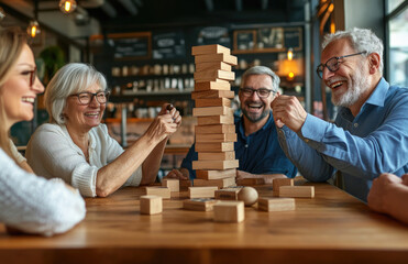 A group of happy elderly friends playing Jenga at the table in coffee shop, having fun and laughing together