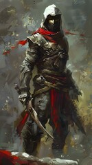 Fototapeta premium Male Character in Dark Armor with Hood and Sword