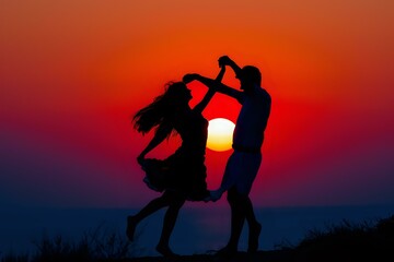 Silhouette of a couple dancing on the beach at sunset, with the sun perfectly aligned in their hands, creating a romantic and playful atmosphere. Ideal for themes of love, joy, and carefree moments.