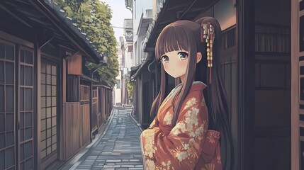 Obraz premium A young anime girl in a traditional kimono stands in a narrow Japanese alleyway.