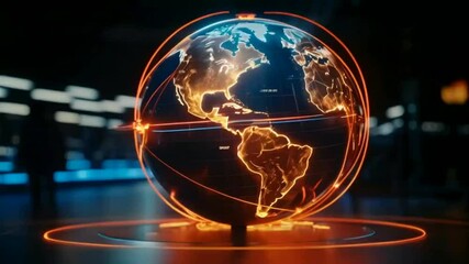 Showing a rotating globe with glowing digital lines connecting different continents.