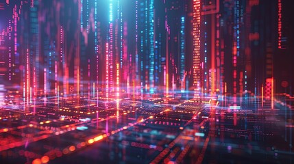 Fototapeta premium Abstract Digital Cityscape with Neon Lights and Bokeh Effects