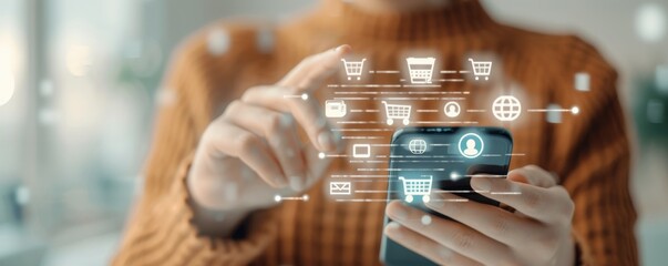 A person using a smartphone with digital shopping icons overlay, showcasing modern online shopping technology and convenience.