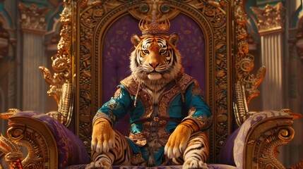 Fototapeta premium Majestic Tiger King Sitting on Ornate Throne in Luxurious Royal Palace