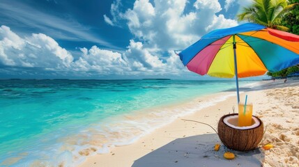 Tropical Beach with Colorful Umbrella, Coconut Drink, and Clear Blue Ocean Under a Vibrant Sky