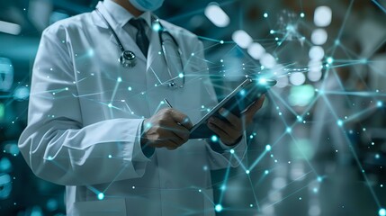 Doctor using a tablet with abstract digital connections, symbolizing modern healthcare technology and innovation. Ideal for medical tech, healthcare advancements, and digital health concepts.