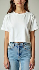 Obraz premium Young woman in a white t-shirt and blue jeans posing against a neutral background.