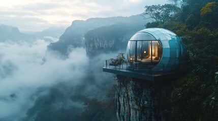 A light blue glass bubble hotel perched on a cliff, surrounded by foggy weather, green plants, and mountains, offering a breathtaking view and ethereal lighting