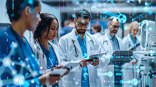 Group of doctors analyzing data with digital connections overlay, representing collaboration and innovation in healthcare technology. Ideal for medical teamwork, healthcare advancements,