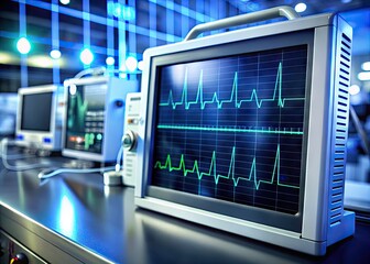 Electrocardiogram waveform display on a modern medical device screen, displaying a patient's vital signs and heart rate in a hospital or clinical setting.