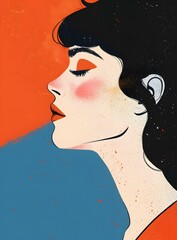 Woman Face with Black Hair and Orange Makeup in Profile