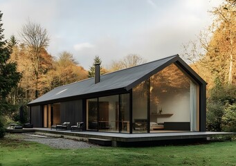 Modern Black House with Large Windows in the Forest