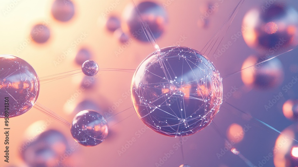 Poster abstract 3d spheres connected by thin lines, floating in space with a gradient background, symbolizi