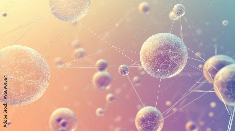 Poster abstract 3d spheres connected by thin lines, floating in space with a gradient background, symbolizi