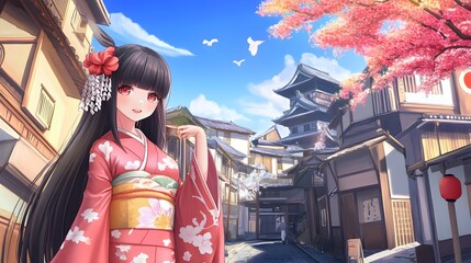 Fototapeta premium Anime girl in red kimono smiles in a Japanese street setting.