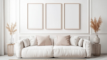 Mockup of Clean White Interior Showcasing Wall Art Above Modern Sofa