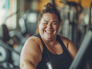 Fototapeta premium Smiling plus size young woman working out in gym