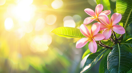 This image features a close-up view of pink frangipani flowers against a vibrant sunlit background, highlighting the delicate beauty and vivid colors of the blossoms in nature.