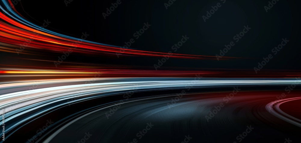 Poster Vibrant light trails create a dynamic abstract background, capturing the essence of movement and energy in darkness.