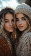 Fototapeta premium Two young women in cozy sweaters, close-up portrait, outdoor