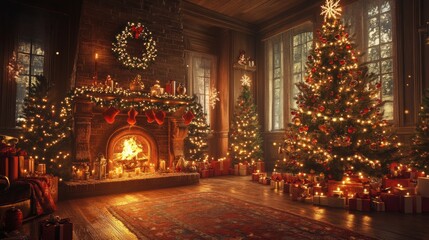 Fototapeta premium Cozy Christmas Living Room with Fireplace and Decorated Tree