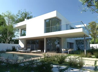 Fototapeta premium Modern White House with Swimming Pool and Garden