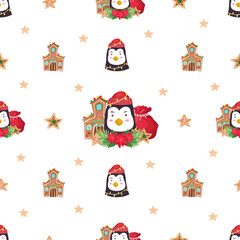 Christmas penguin seamless pattern background.
