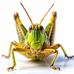 a close up of a grasshopper with white background