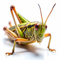 a close up of a grasshopper with white background
