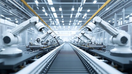 High-Tech Manufacturing Floor with Robotic Arms Assembling Computer Components in Synchronization, Brightly Lit and Efficient Environment