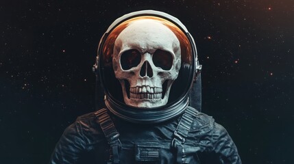 Skeleton astronaut floating in deep space, Halloween stars twinkling, 3D illustration