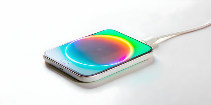 Flat Wireless Charging Pad with Holographic Battery Level Indicator - Top Down Concept with Glowing Elements on White Surface - Simple Business Vector Illustration