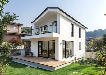 Modern White House With Wooden Deck And Balcony