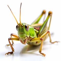 a close up of a grasshopper with white background