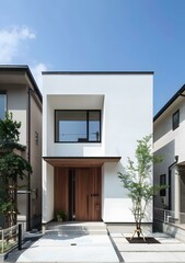 Modern White House with Wooden Door and Small Tree in Front