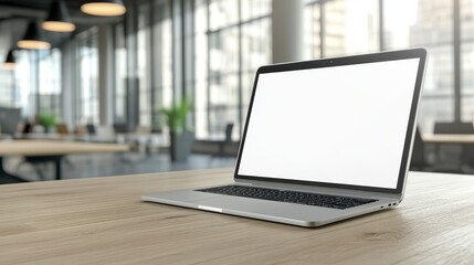 A laptop on a wooden desk in a modern office setting, showcasing a blank screen and large windows.