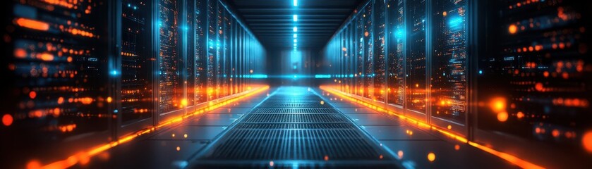 Fototapeta premium Futuristic data center with glowing lines and vibrant lights, showcasing advanced technology and modern infrastructure.