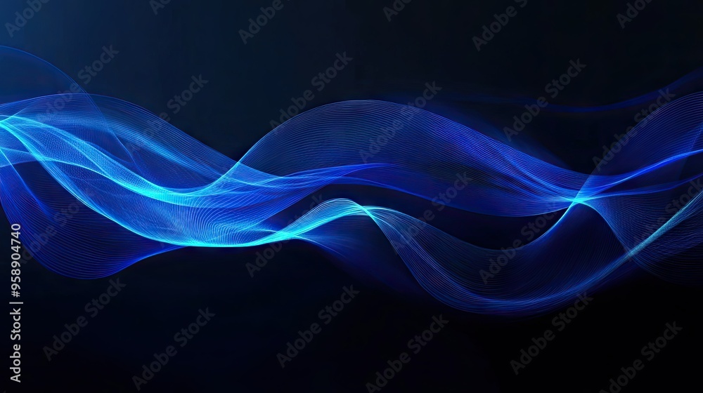 Wall mural abstract blue wave lines on a dark background, creating a futuristic and elegant look. ideal for ban