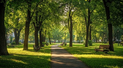 Fototapeta premium Tranquil Pathway Through a Lush Green Park